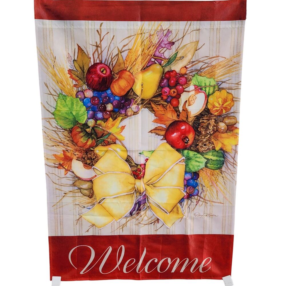 WELCOME Fall Wreath of Fruit Garden Flag Decor 42.5"x29" Mary Jo Recker 2010